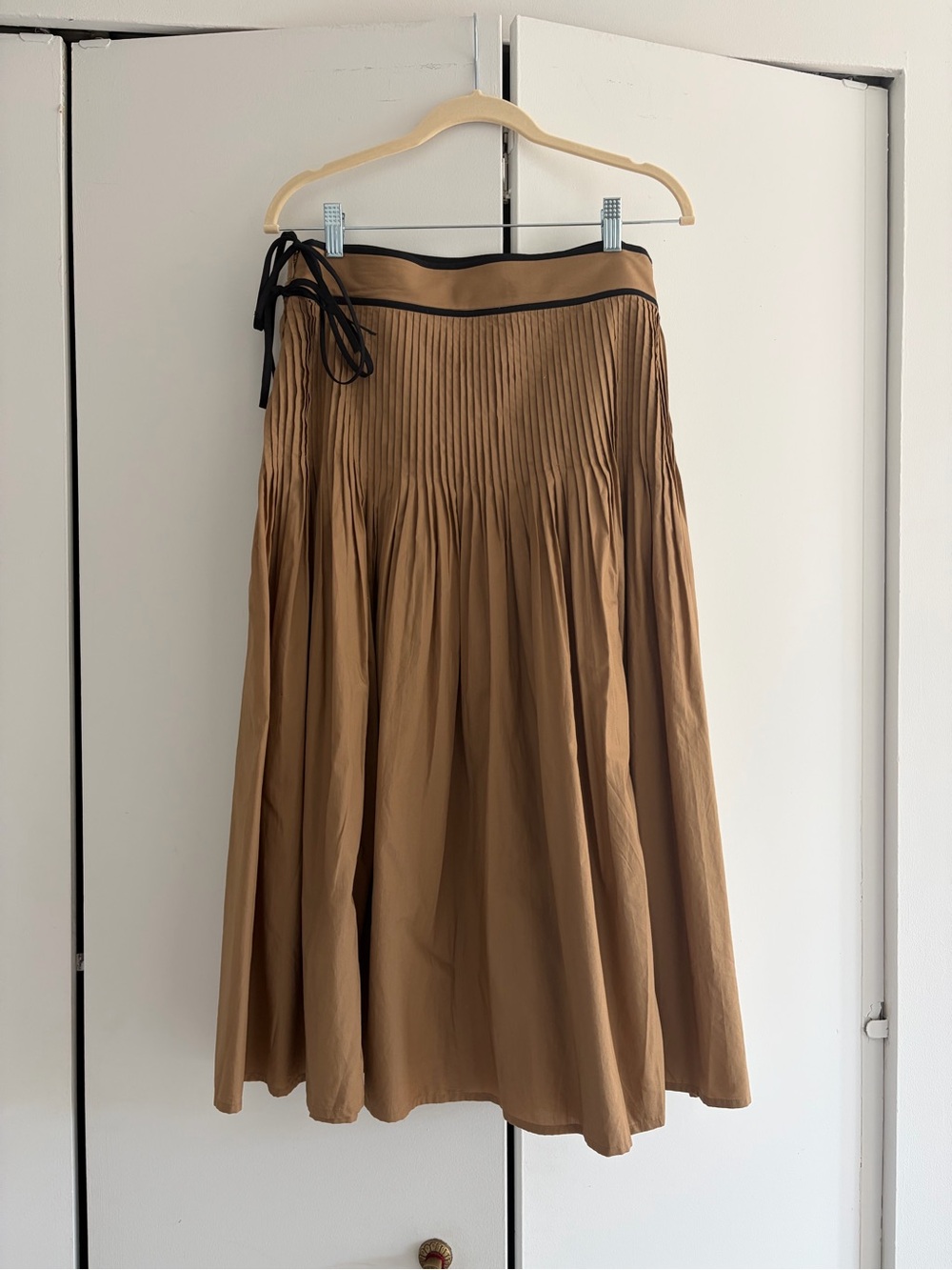 J. Crew Camel Pleated Midi Skirt with Black Trim and Side Tie in Cotton Poplin